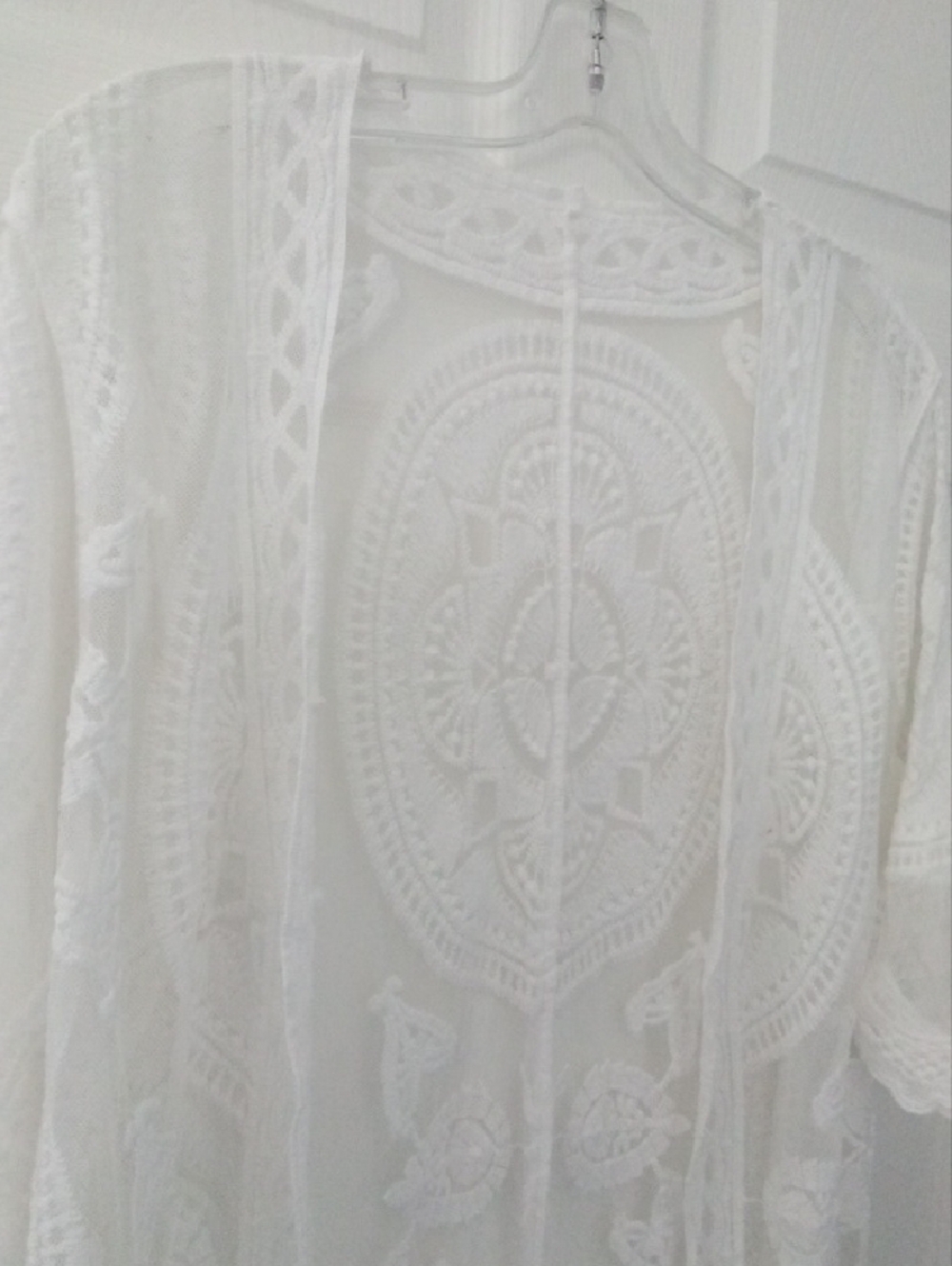 Women's White Embroidered Lace Kimono Open Front Cover-Up One Size